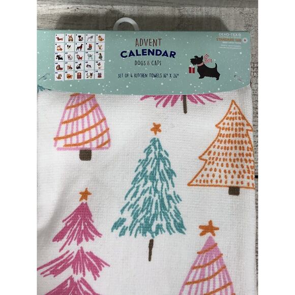 (4) Christmas Tree Kitchen Towels Set of 4 Advent Calendar OEKO Tex New Dogs Cat - Picture 2 of 4